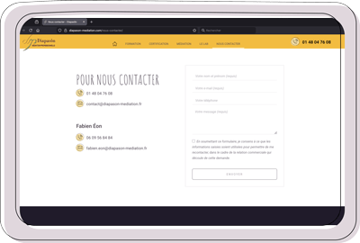 Page de contact d’un site de médiation professionnelle